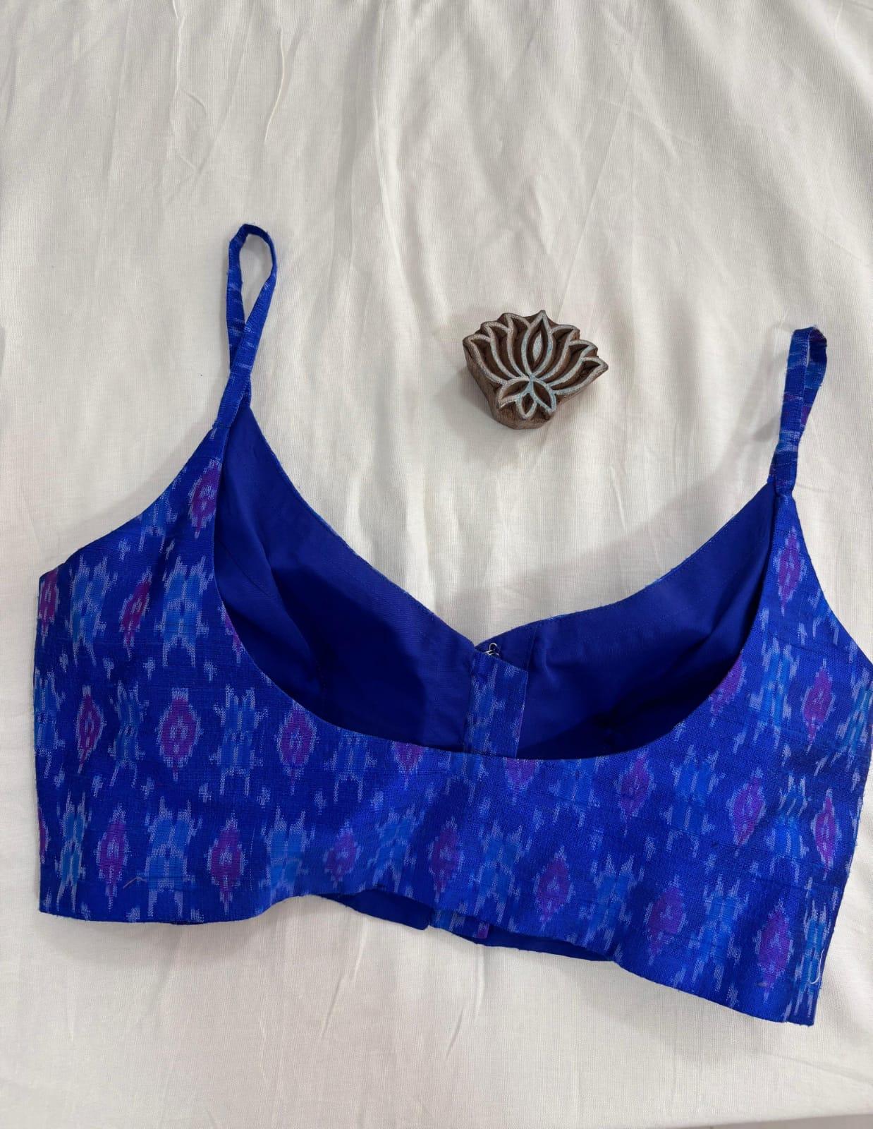 Royal Blue Handloom Ikkat Raw Silk Sleeveless Blouse - Earthy Blocks