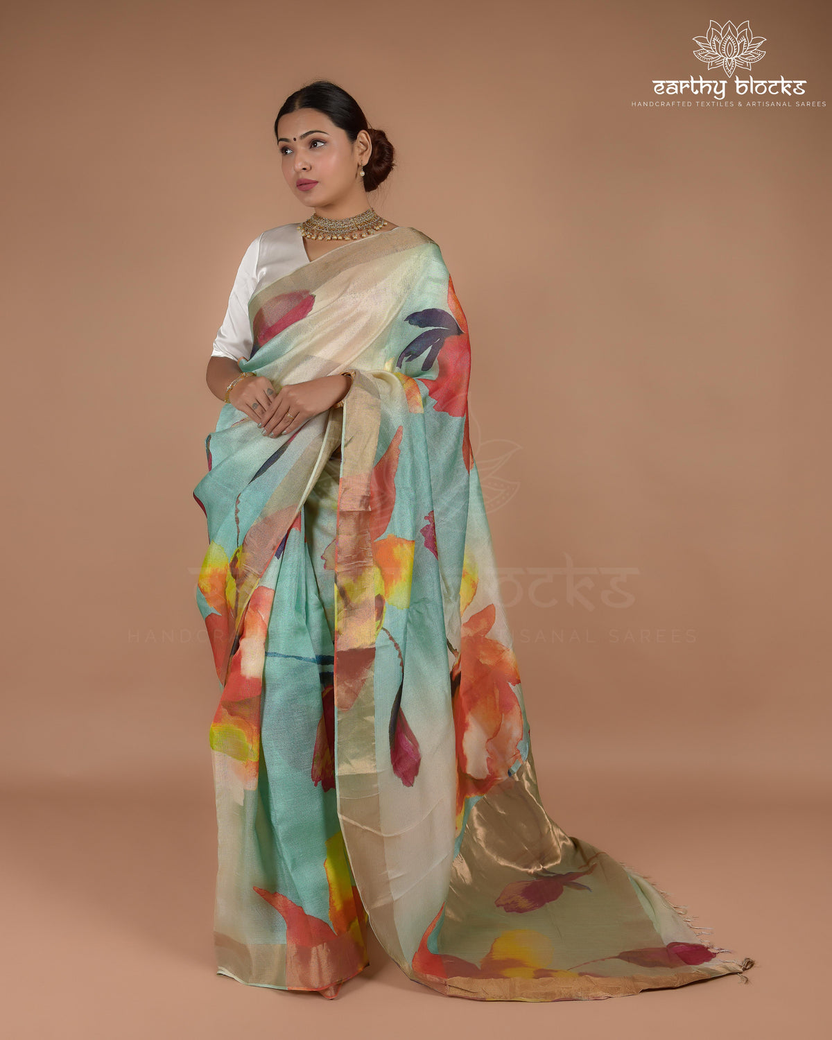 Teal Floral Tussar Silk Saree - Earthy Blocks