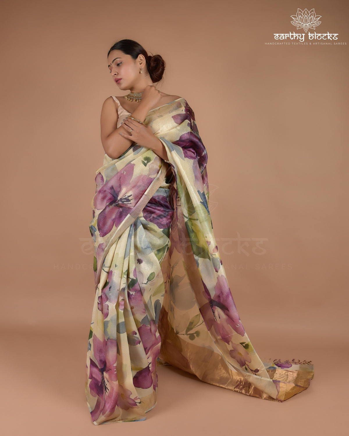 Beige Floral Tussar Silk Saree - Earthy Blocks