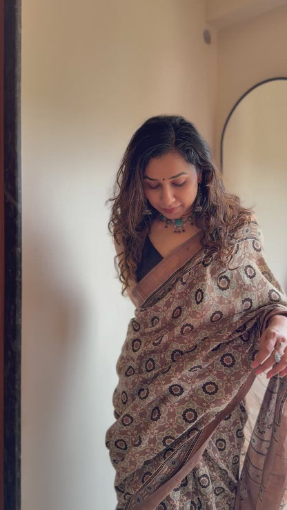 SHAAM — Brown Ajrakh Hand Block Printed Maheshwari Saree