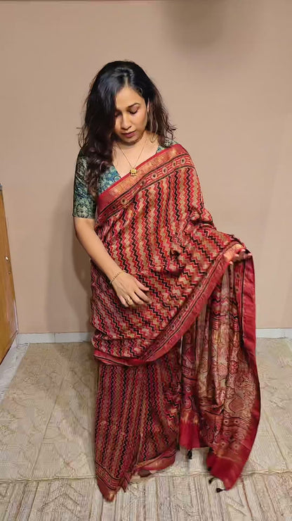LEHER — Red Chevron Ajrakh Hand Block Printed Maheshwari Saree