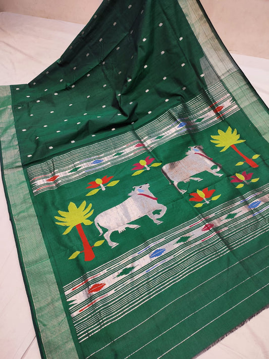 Emerald green Cotton handwoven paithani with Pichwai Pallu - Earthy Blocks
