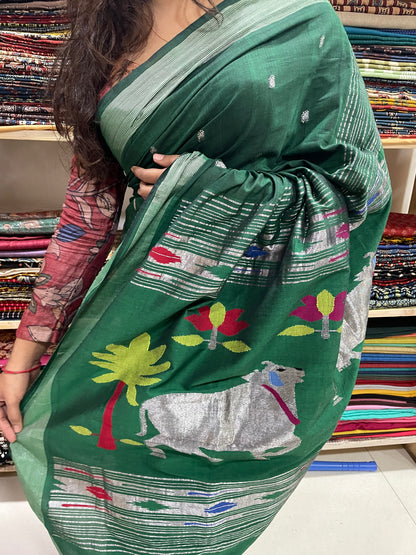 Emerald green Cotton handwoven paithani with Pichwai Pallu - Earthy Blocks