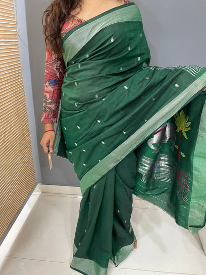 Emerald green Cotton handwoven paithani with Pichwai Pallu - Earthy Blocks